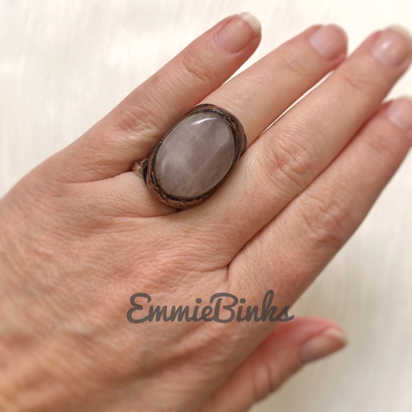 New Natural Rose Quartz & Textured Copper Statement Cocktail Ring - Picture 9 of 16